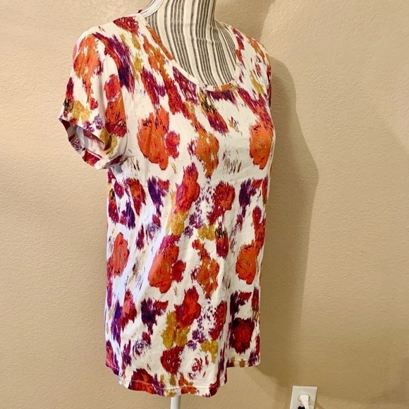 Daisy Fuentes Top Large Cream Orange Purple Gold Abstract Floral Cotton - Picture 5 of 14
